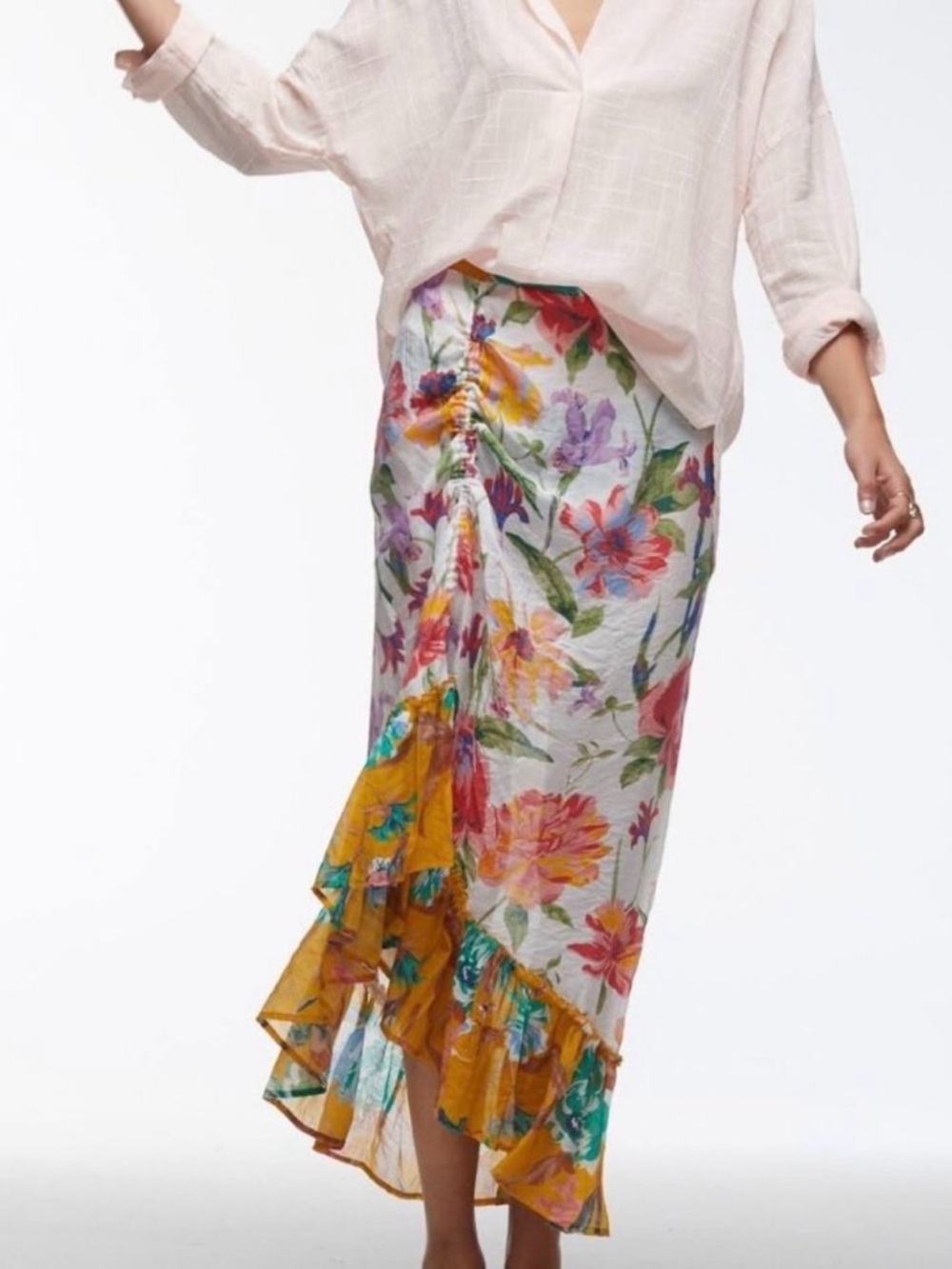 Zakat and Plover Floral Ruffle Wrap Midi Skirt in Multi Size M